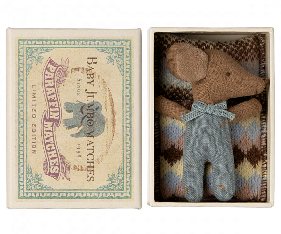 Maileg - Sleepy Wakey Baby Mouse in Matchbox - Blue