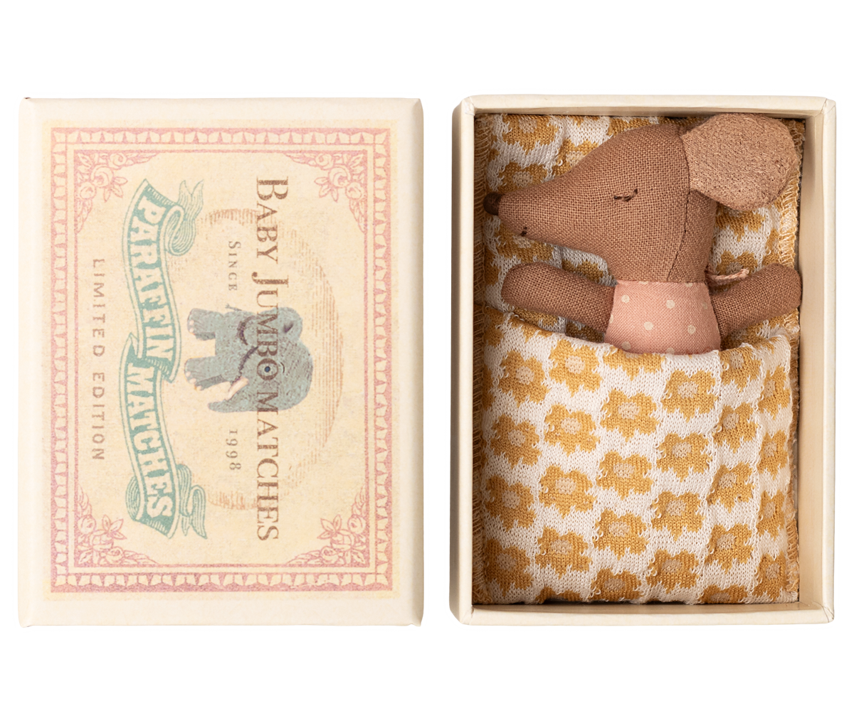 Maileg - Sleepy Wakey Baby Mouse In a Matchbox - Rose
