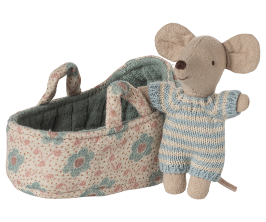 Maileg - Baby Mouse In Carry Cot - Blue