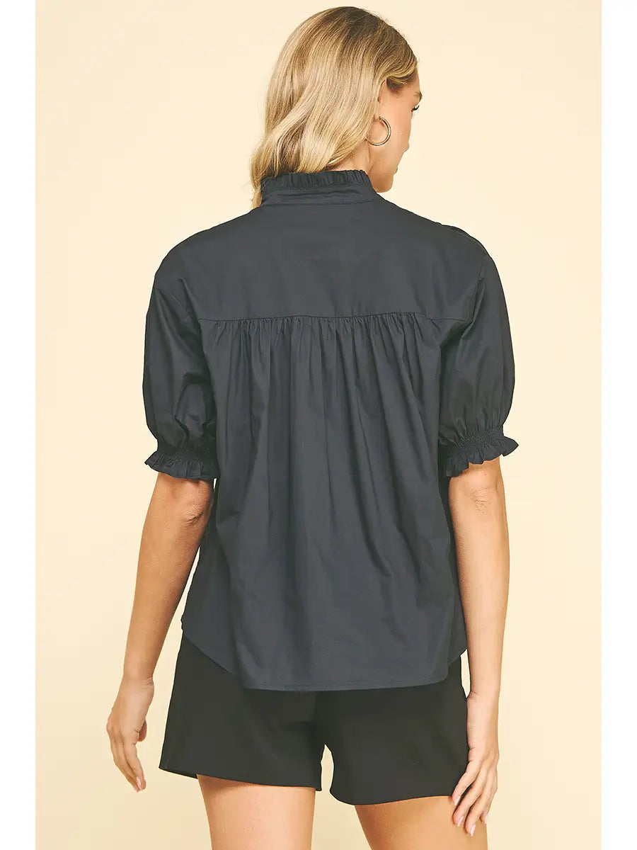 Balloon Sleeve Blouse Top - Denim Black