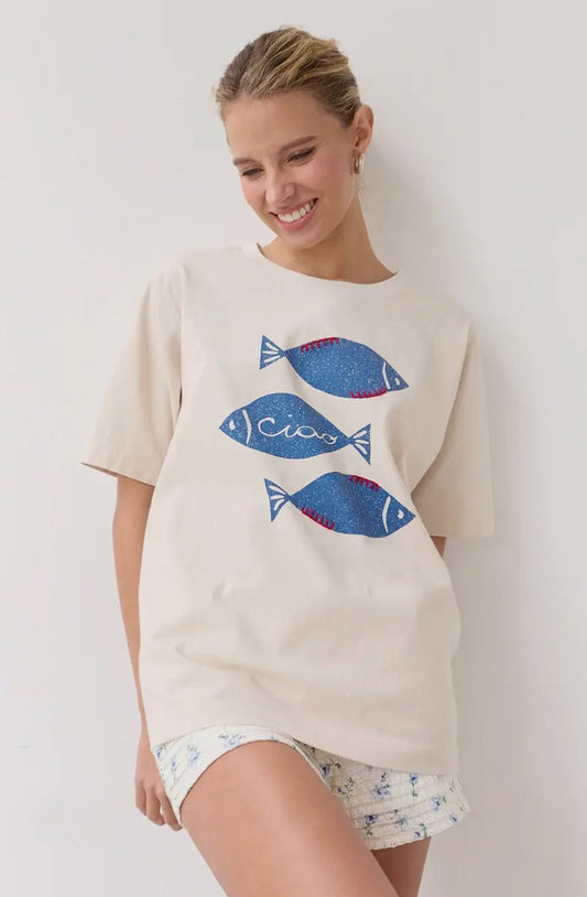 Fish Graphic Tee with Stitch - Dove