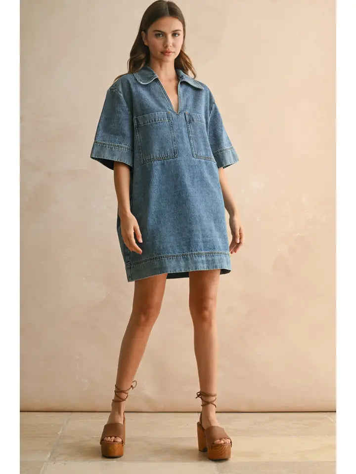 V-Neck Tunic Dress - Denim