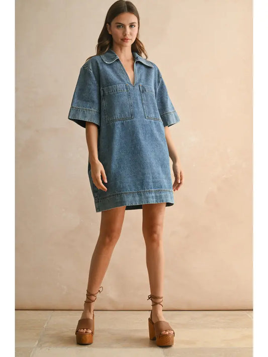 V-Neck Tunic Dress - Denim