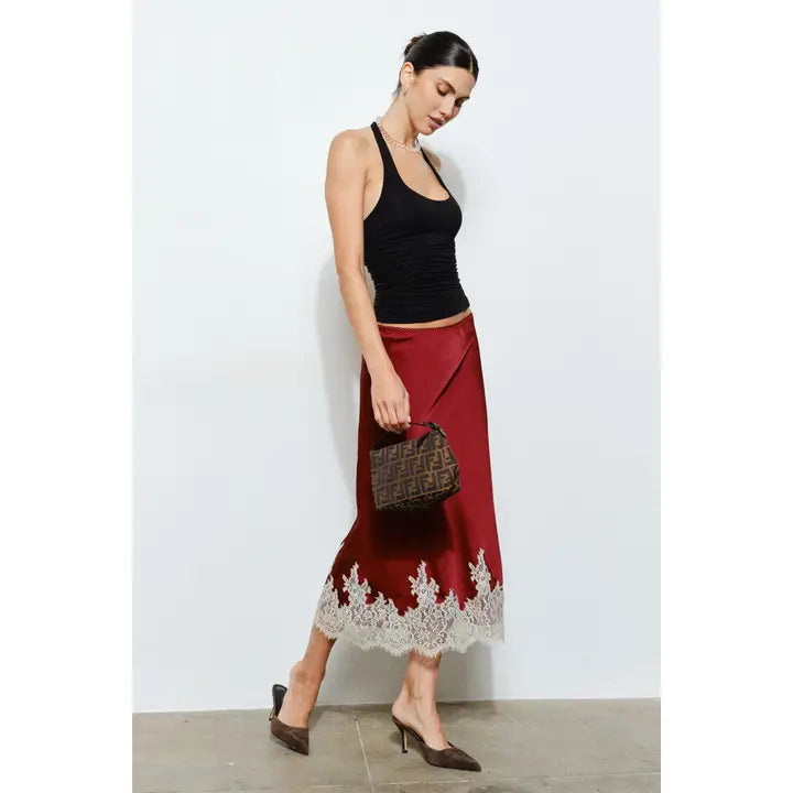 Camila Lace Trim Skirt - Wine