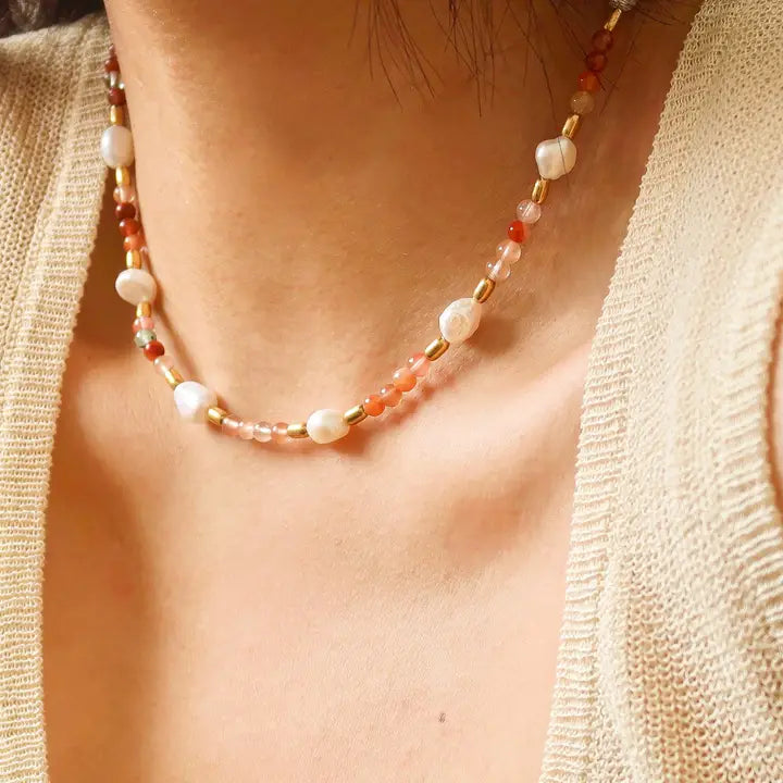 18K Bohemian Handmade Rose Pearl and Bead Necklace - Josephine-Rose