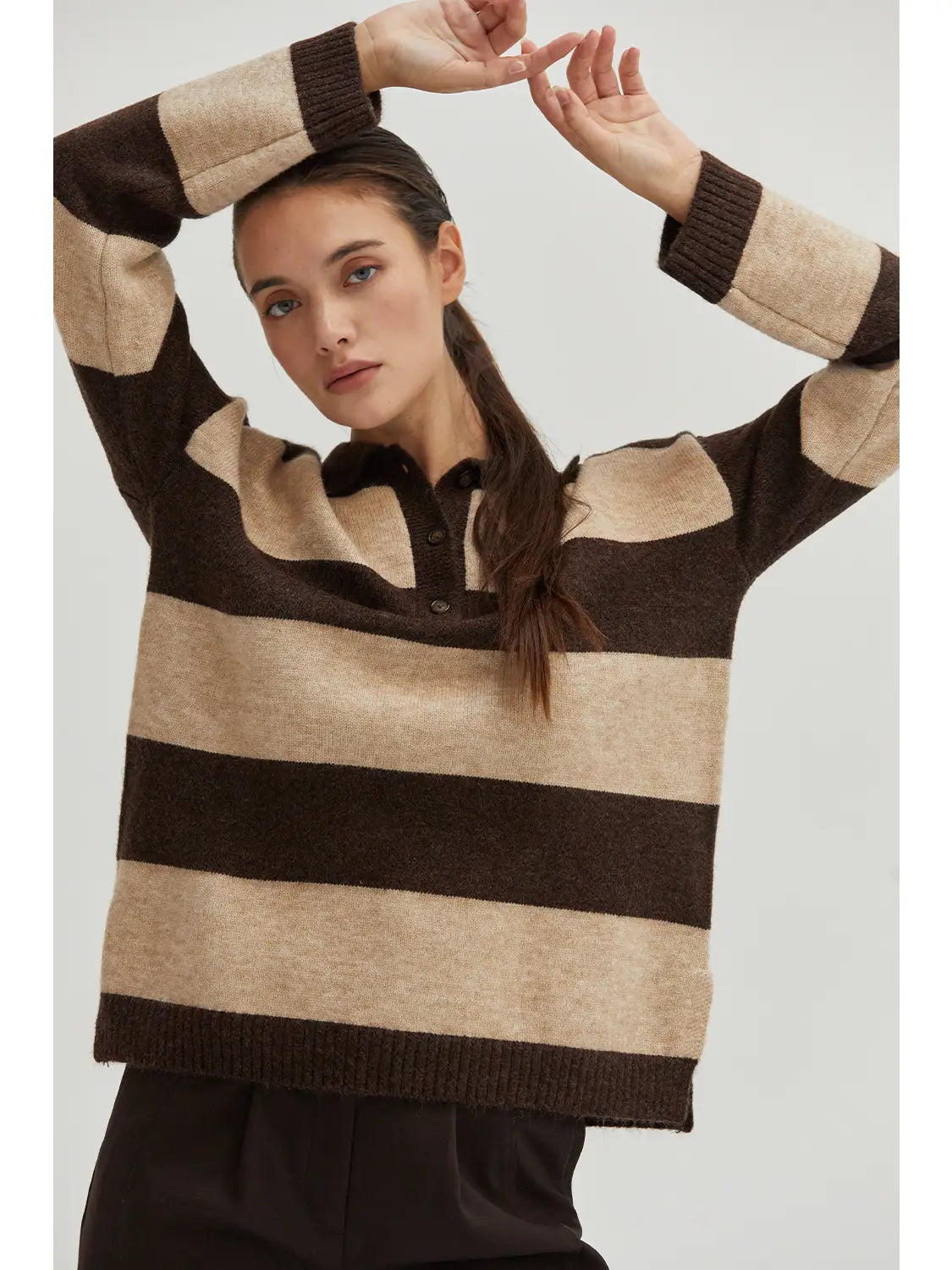 Ellon Big Stripe Polo Sweater - Brown + Tan