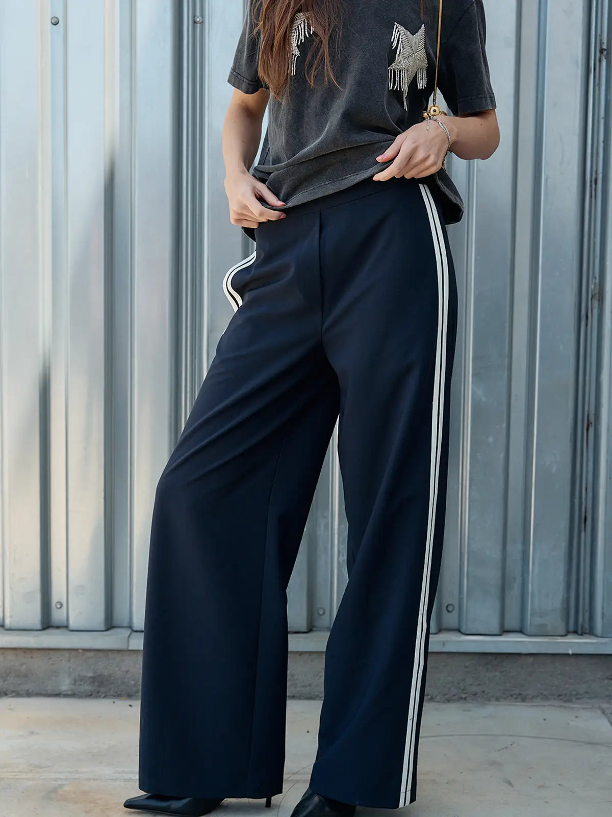 Side Stripe Wide Leg Pant - Navy
