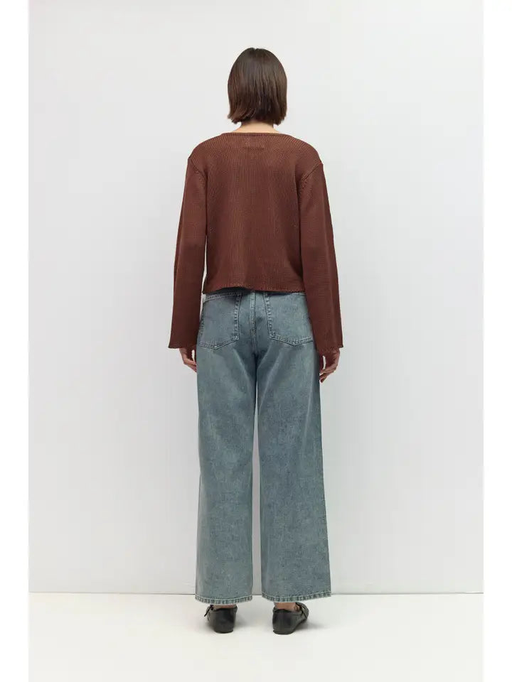 Open Button Hole Long Sleeve Cardigan - Brown
