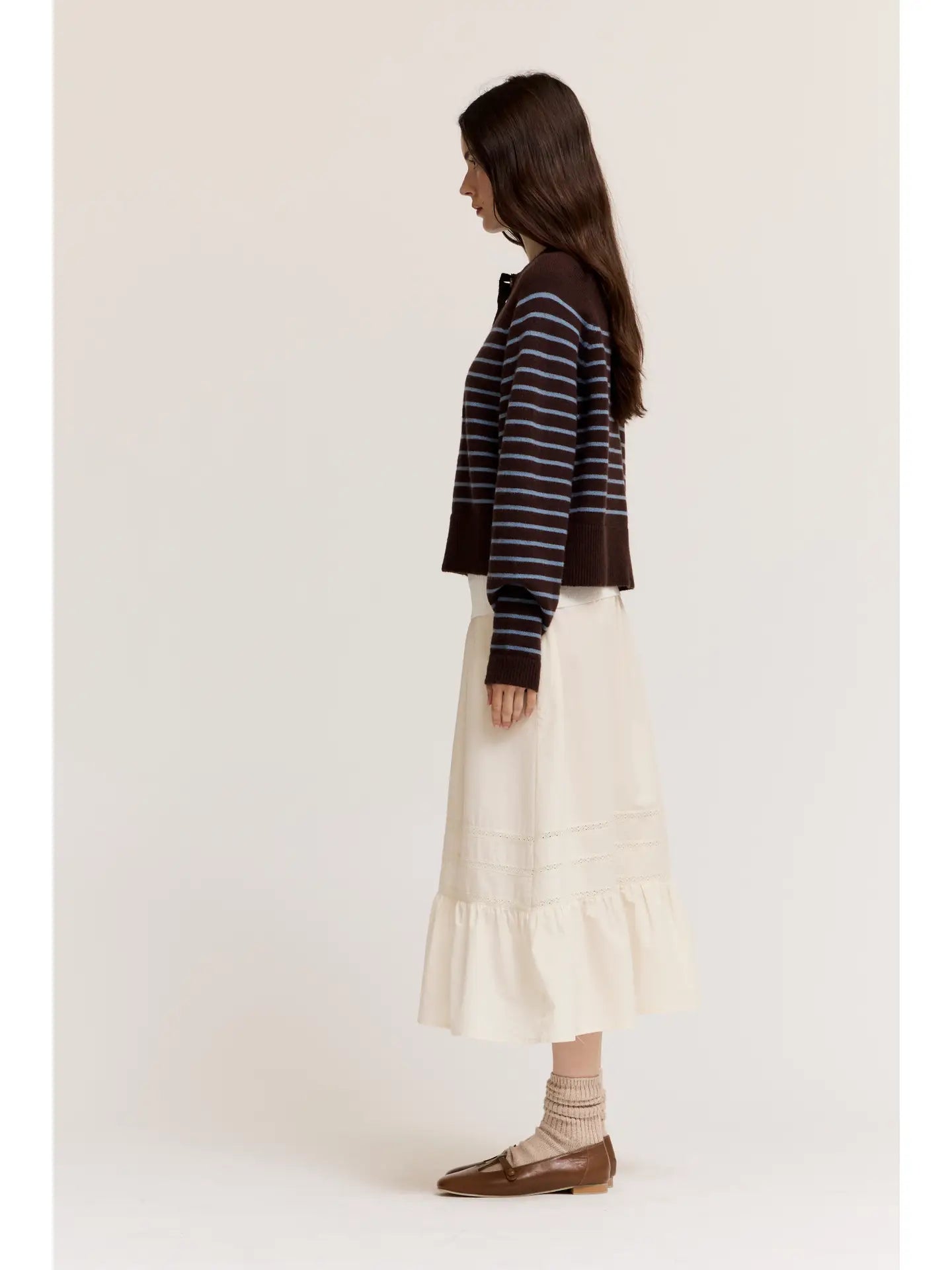 Grade + Gather - Knit Stripe Henley - Chocolate + Blue