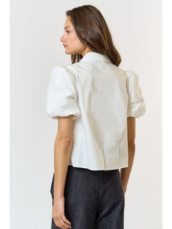 Puff Sleeve Pintuck Collared Shirt - Ivory