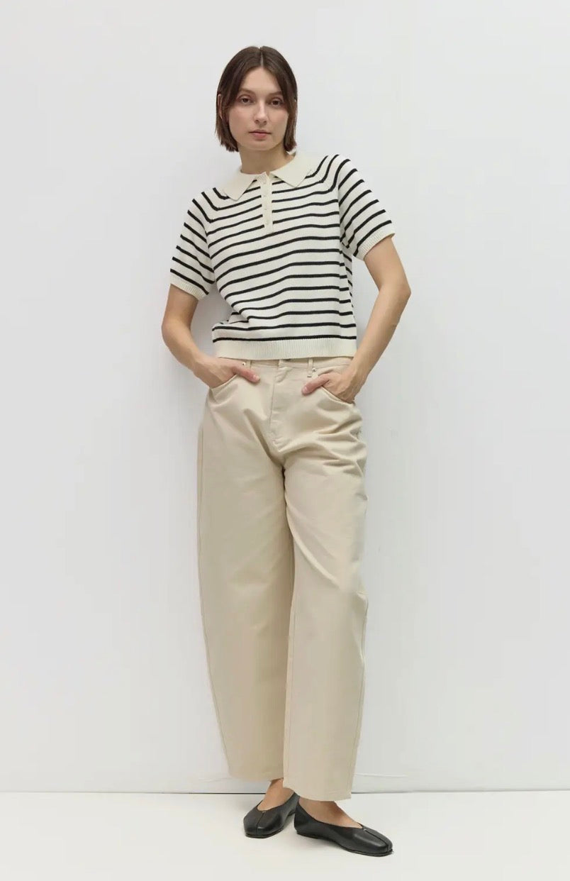 Short Sleeve Polo Sweater - Black & Cream Stripe