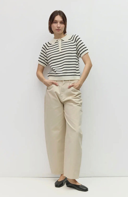 Short Sleeve Polo Sweater - Black & Cream Stripe