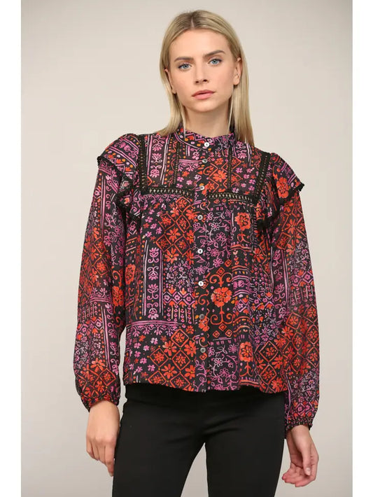 Lace Trim High Neck Blouse - Black Multi