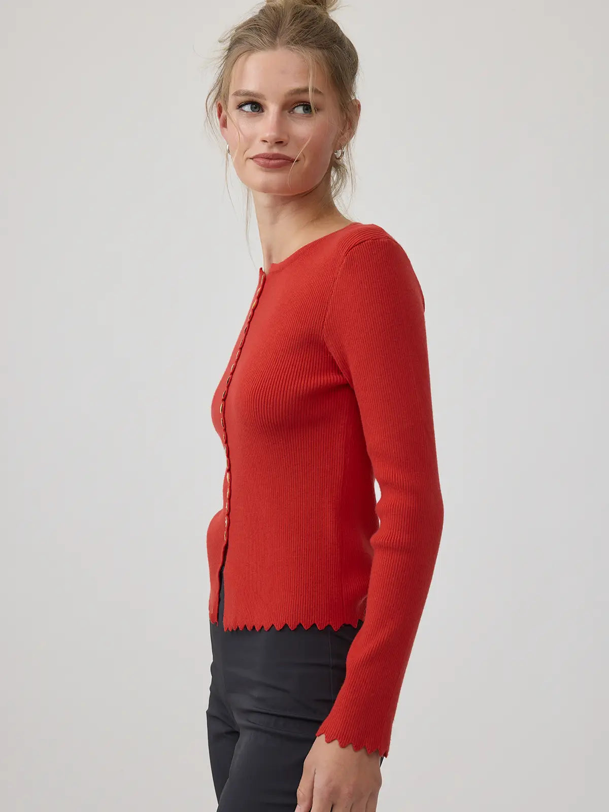 Button Ribbed Knit Cardigan - Red