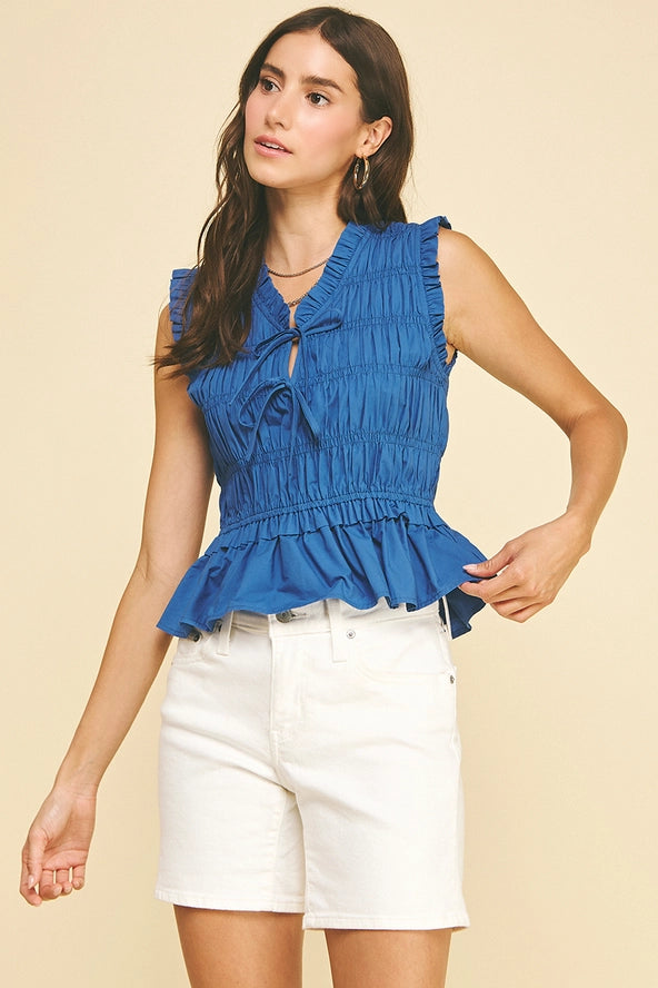 Front-Tie Smocking Top - Blue