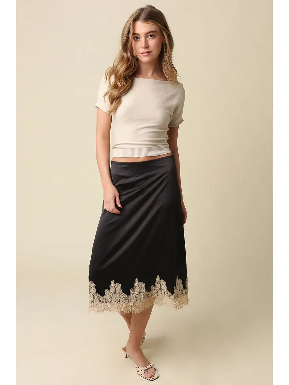 Lace Trim Satin Midi Skirt - Black Champagne