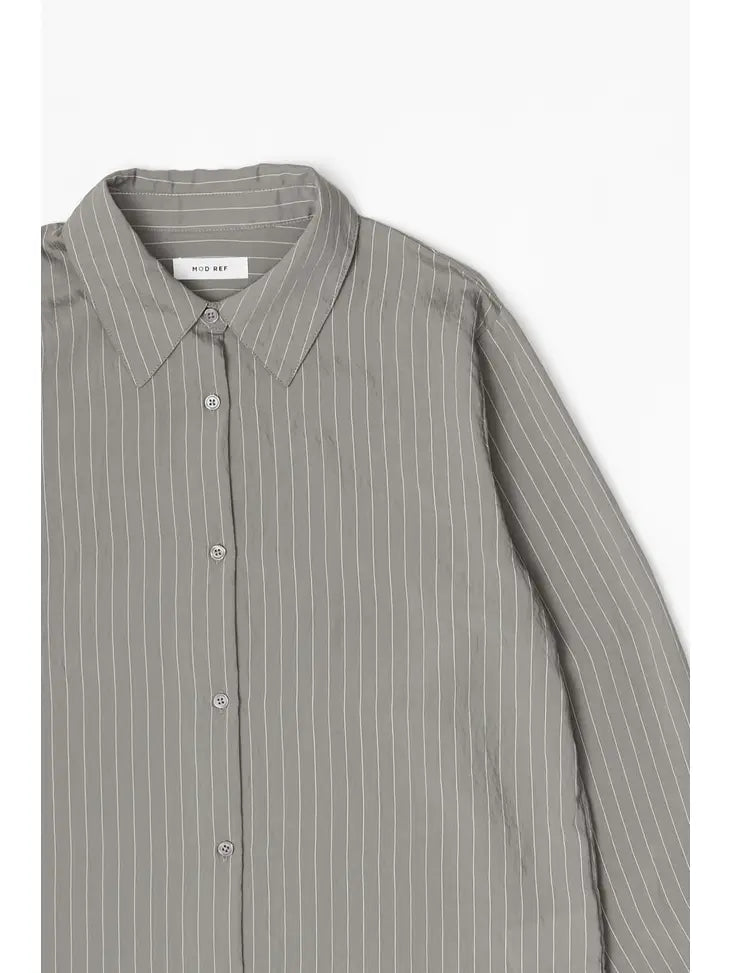 The Jill Top - Pinstripe Button-Down - Olive Grey