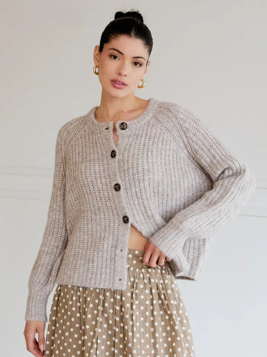 Round Neck Long Sleeve Button Up Cardigan - Heathered Gray