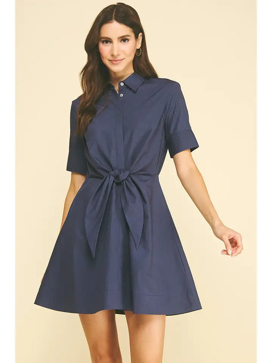 Tie-Front Button Down Mini Dress - Navy