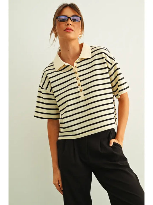 Stripe Short Sleeve Polo Shirt - Cream & Black