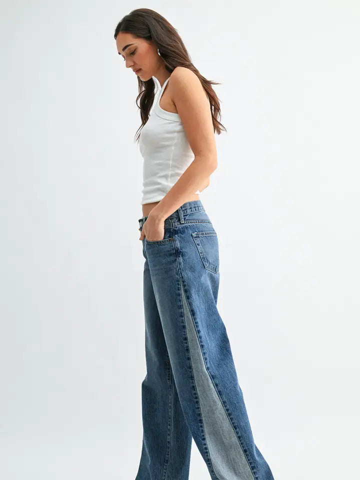 Contrast Angle Seam Wide Leg - Medium Denim