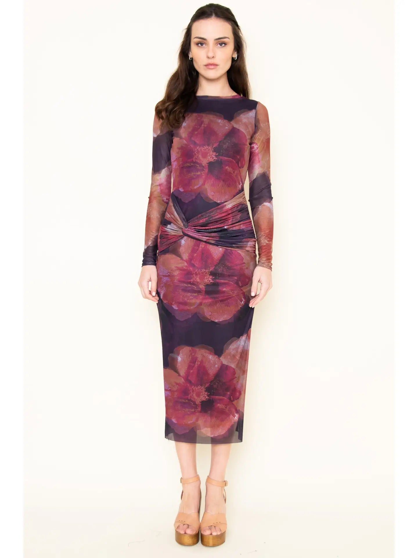 Crew Neck Floral Mesh Maxi Dress - Violet Multi