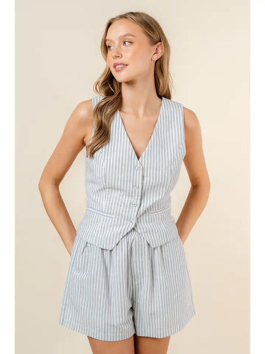 Striped V Neck Button Up Vest - White + Blue