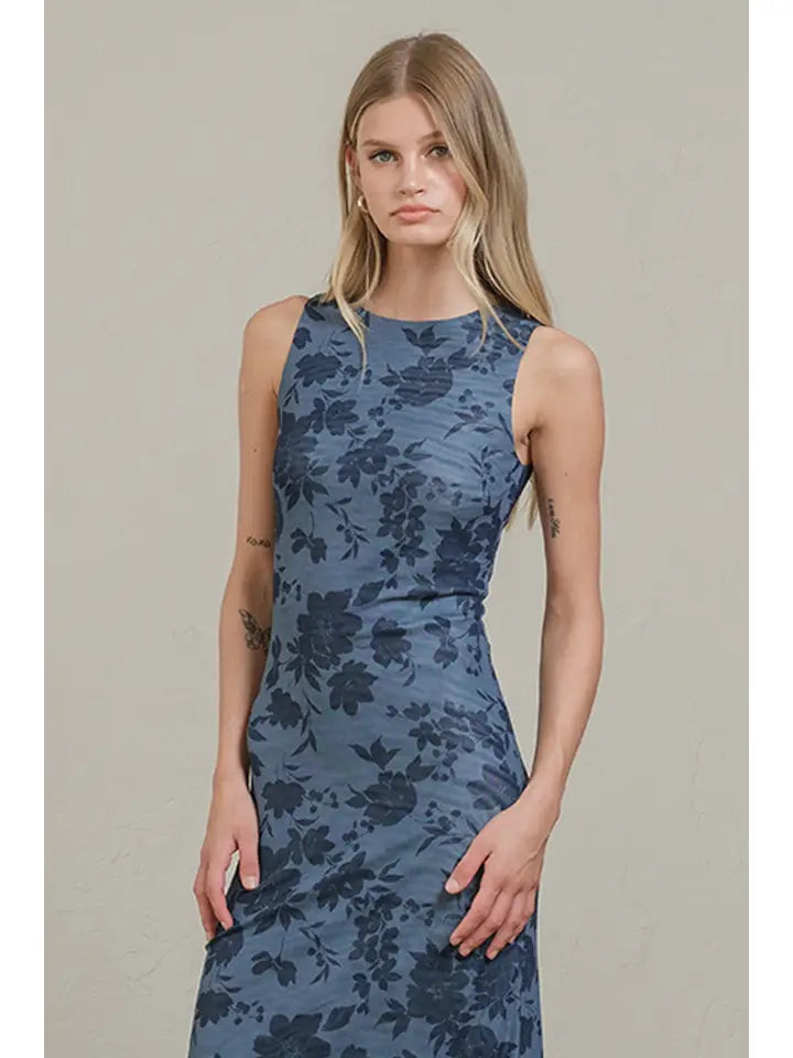 Midnight Bloom Mesh Dress - Blue Floral