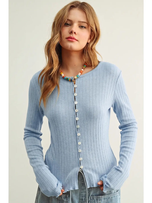 Button Front Ribbed Long Sleeve Knitted Top - Blue