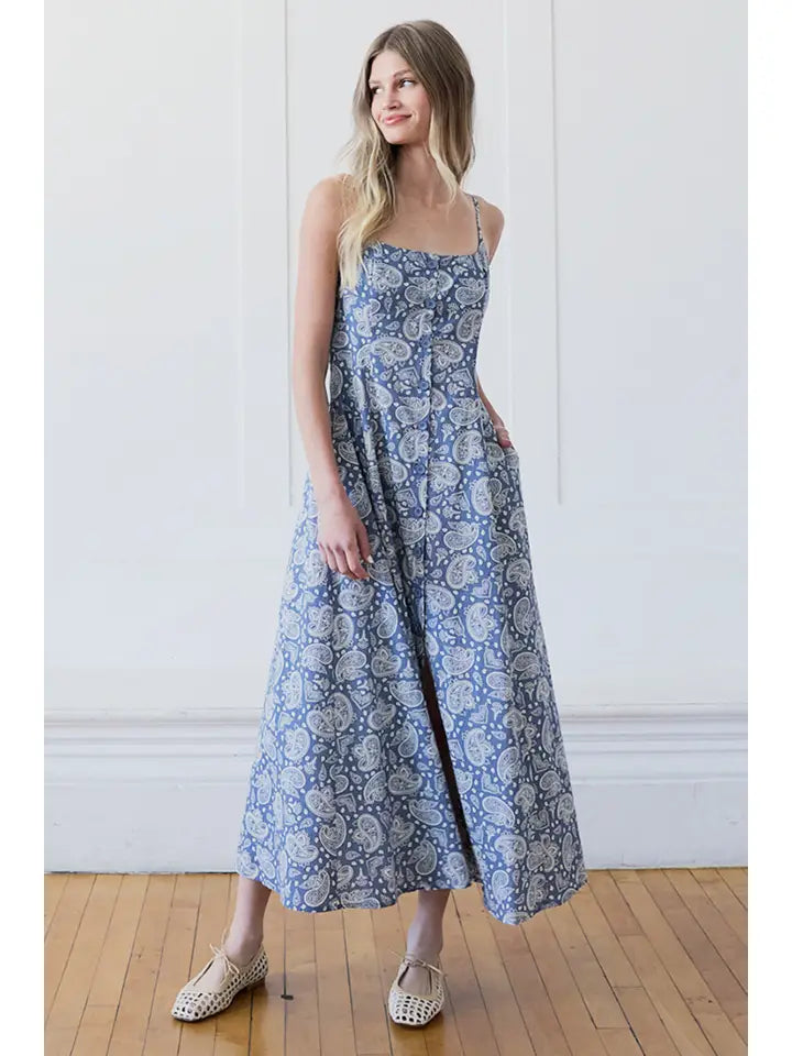 Paisley Smocked Back Midi Dress - Slate Blue
