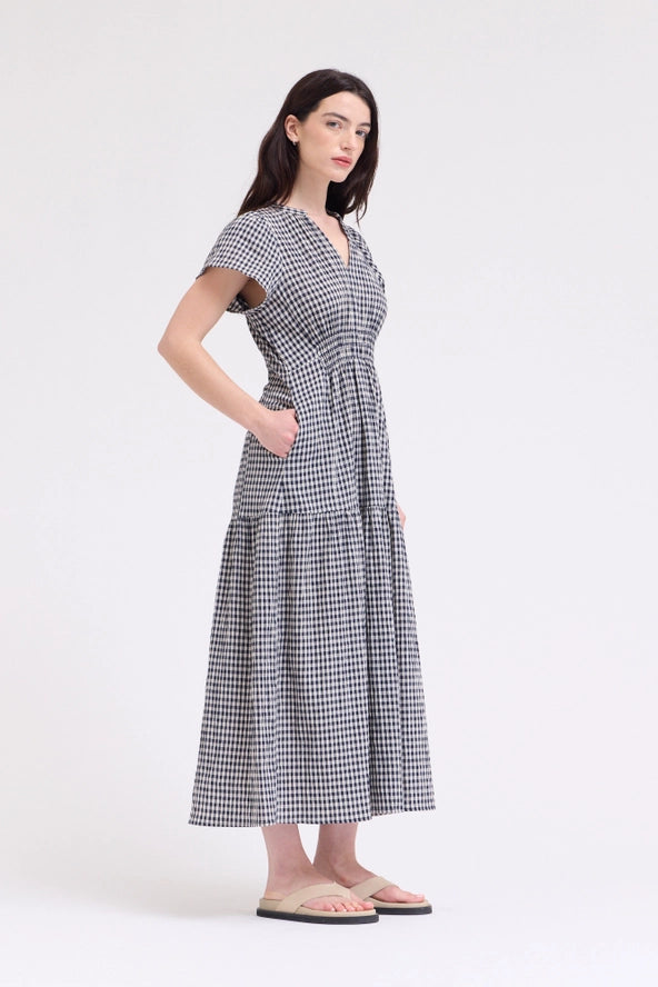 Grade + Gather - Ruffle Gingham Midi Dress - Midnight