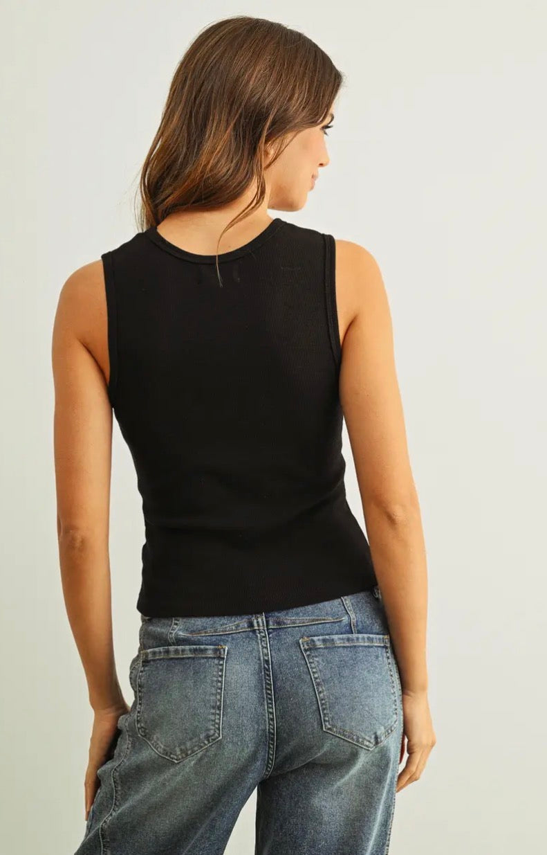 U-Neck Shape Ribbed Tank - Black