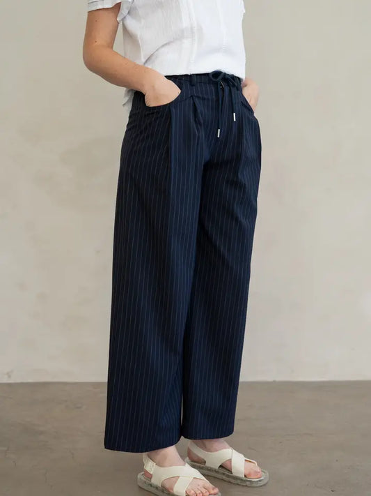 Pinstripe Wide Leg Drawstring Trousers - Navy Stripe