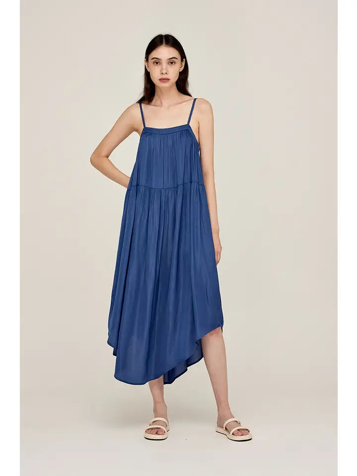 Grade + Gather - Satin Tier Dress - Blue Corn