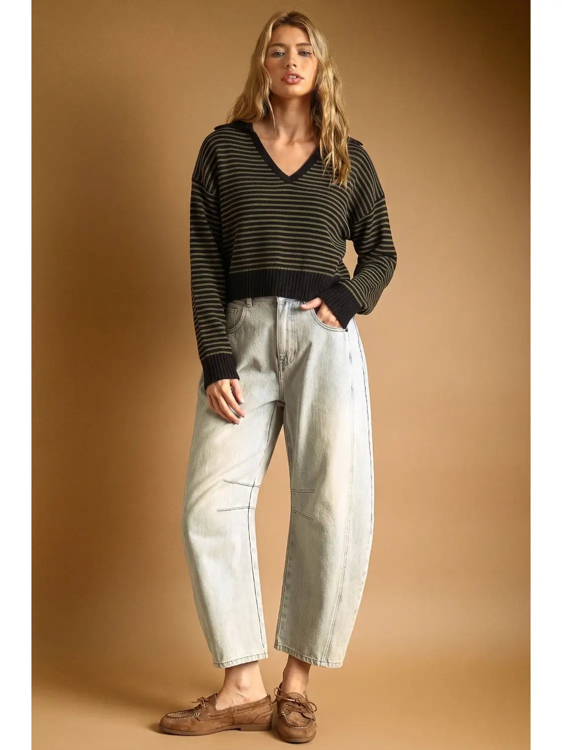 Striped Pattern V-Neck Collar Sweater Top - Olive + Black