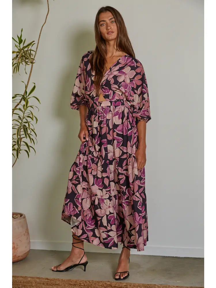 Woven Floral Tiered Midi Dress - Violet