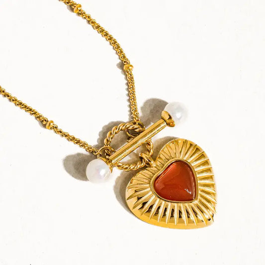 Havana 18K Non-Tarnish Vintage Heart Chain Necklace - Red