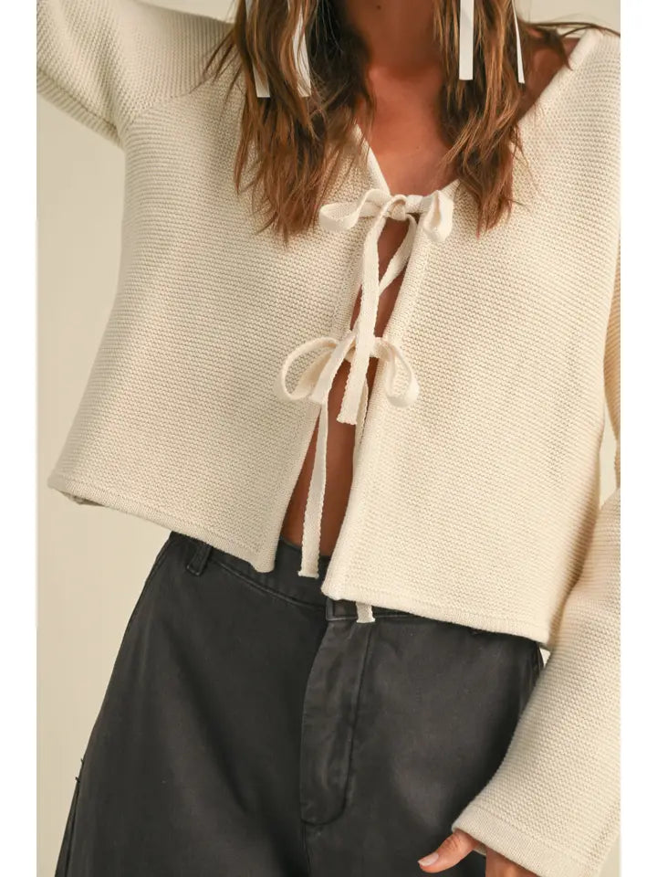 Long Sleeve Knitted Tie Front Cardigan - Cream