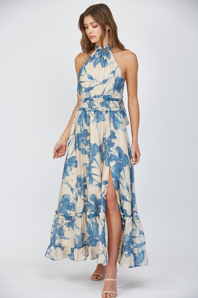 Tie Back Halter Dress - Blue Floral