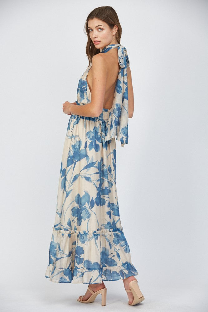 Tie Back Halter Dress - Blue Floral