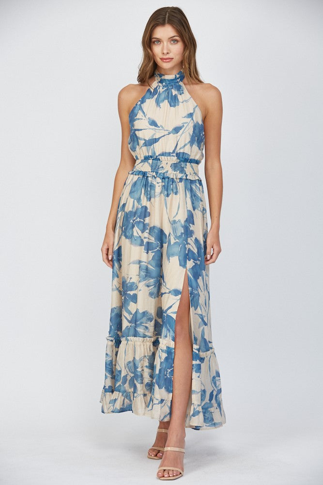 Tie Back Halter Dress - Blue Floral