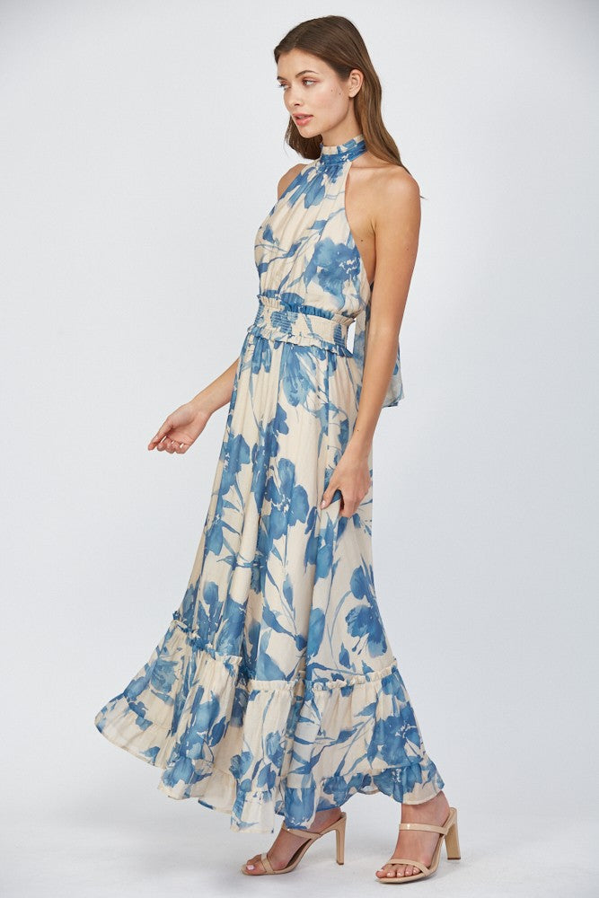 Tie Back Halter Dress - Blue Floral