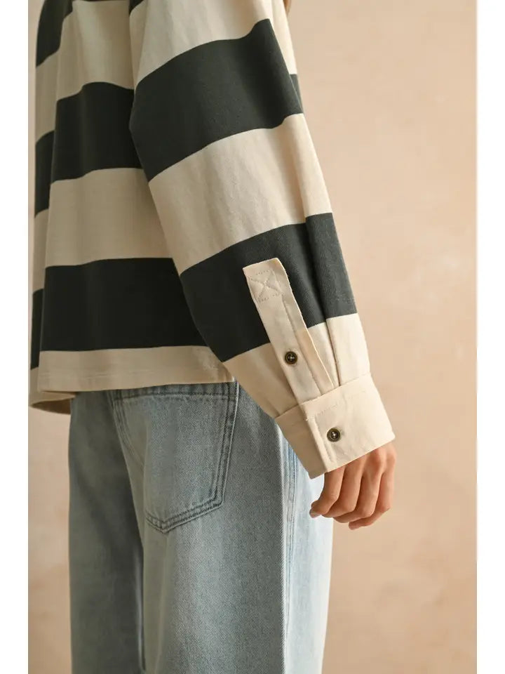 Long Sleeve Wide Panel Shirt - Olive & Beige