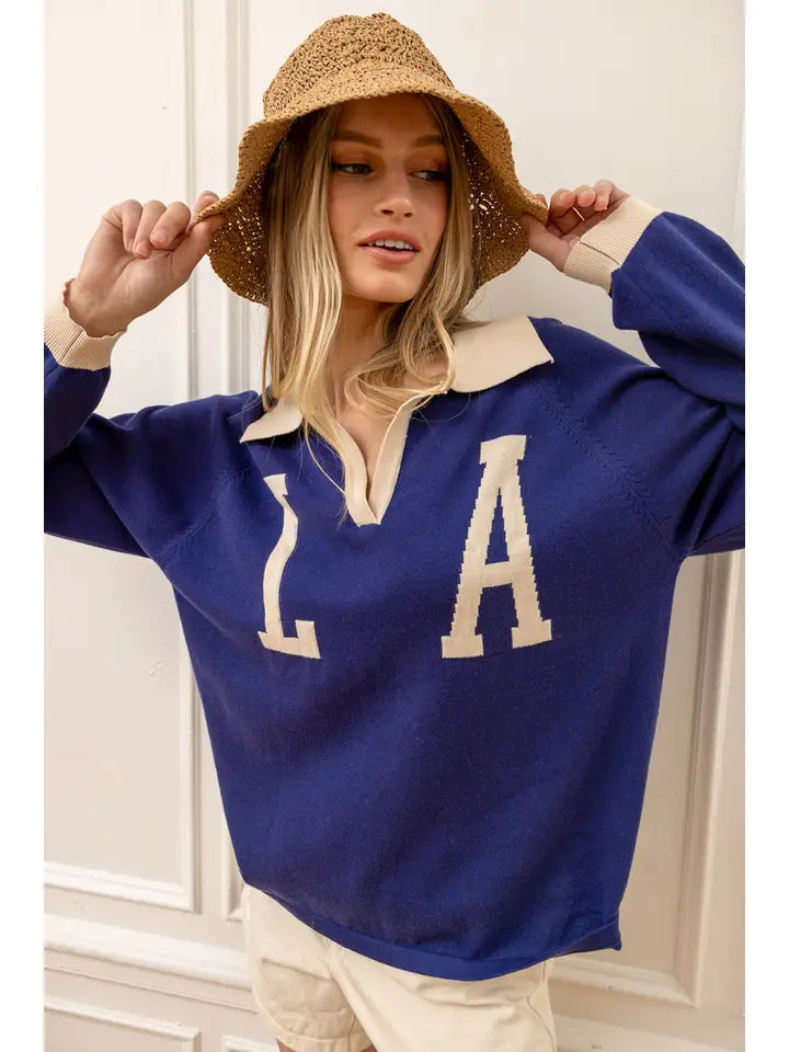 Collared Knit Pullover - Cobalt Blue