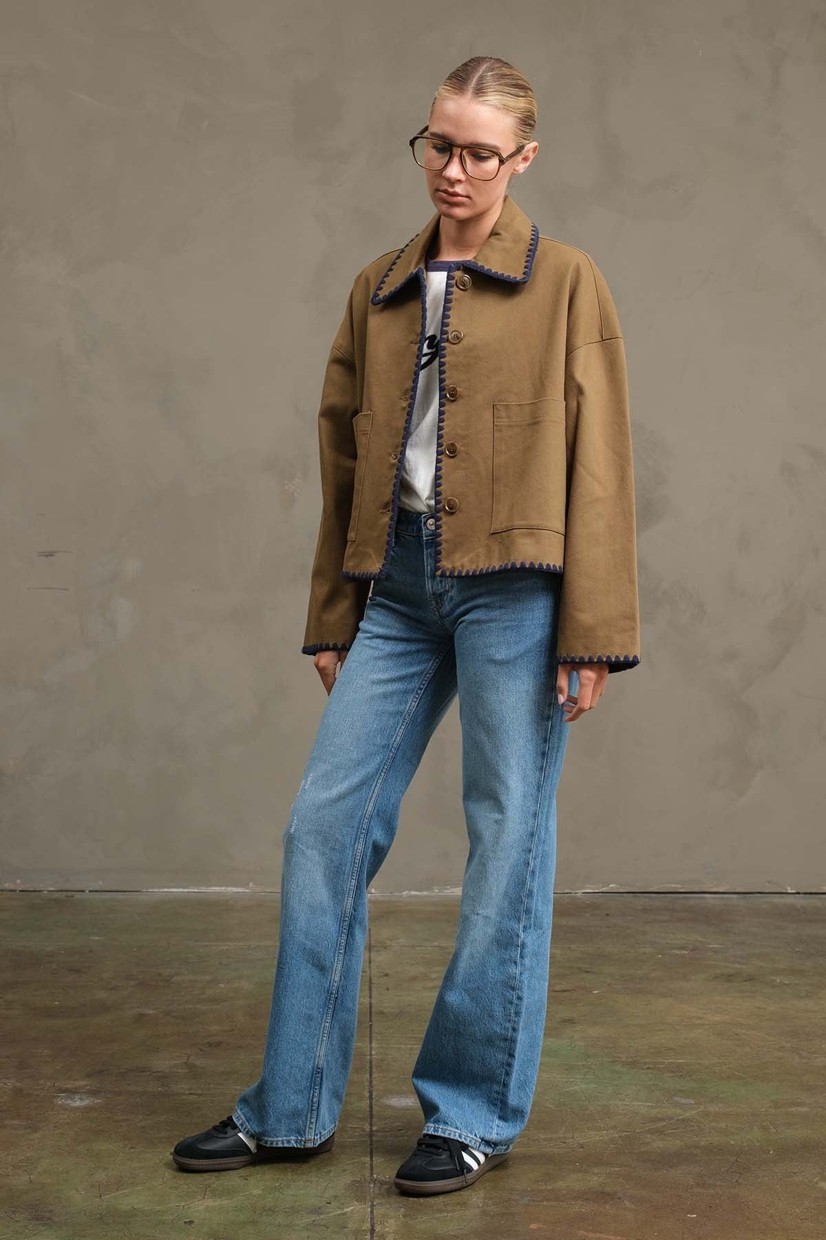 Collar Jacket with Contrast Stitching - Olive