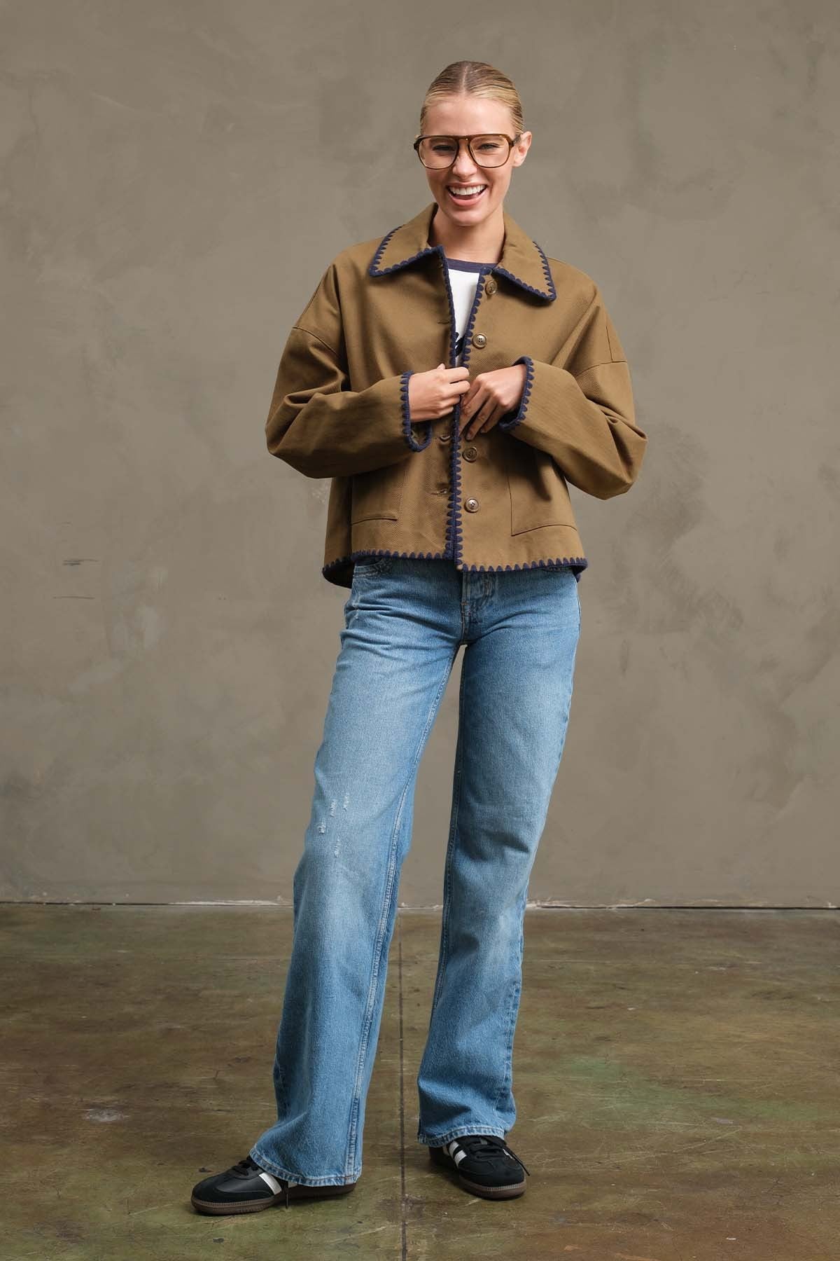 Collar Jacket with Contrast Stitching - Olive