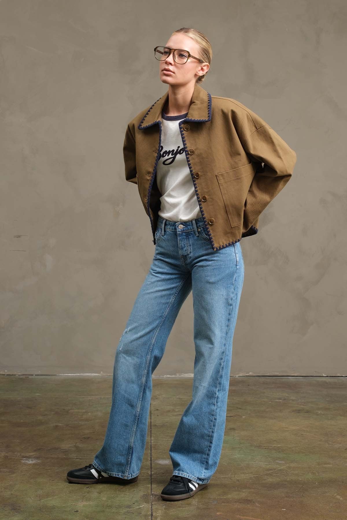 Collar Jacket with Contrast Stitching - Olive