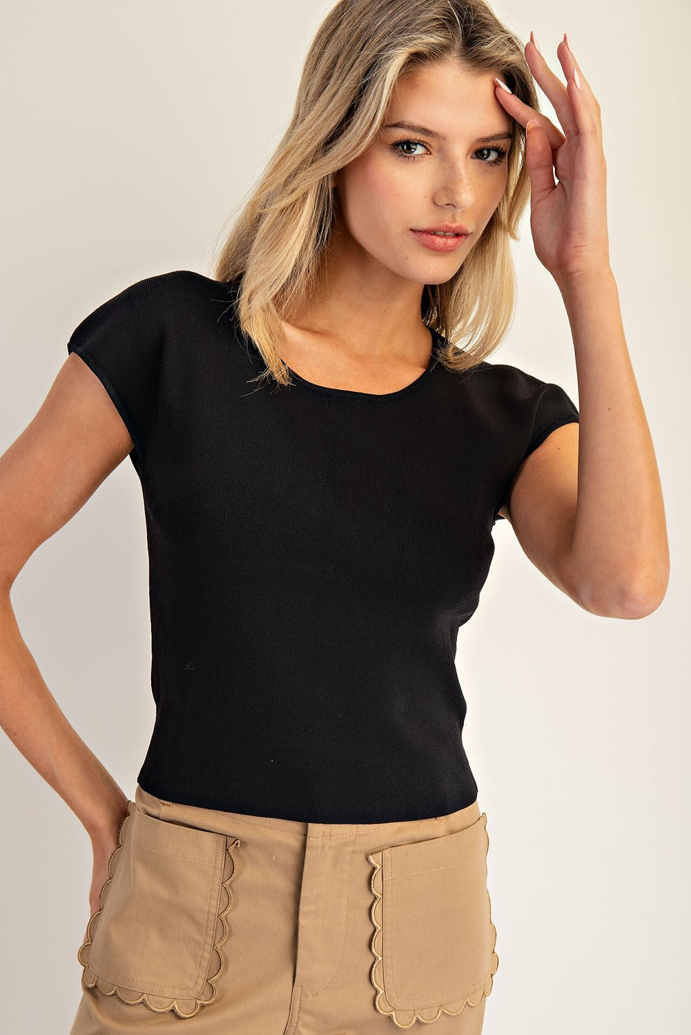 Round Neck Cap Sleeve Top - Black