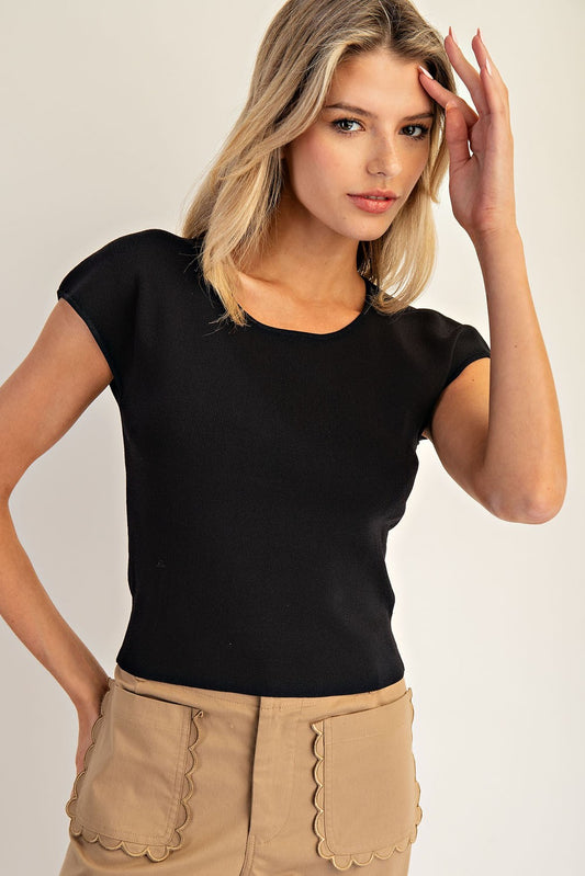 Round Neck Cap Sleeve Top - Black