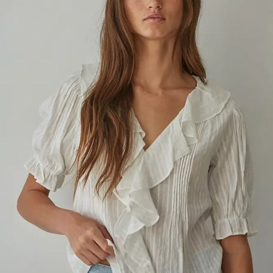 Woven Cotton V-Neck Blouse - Off White